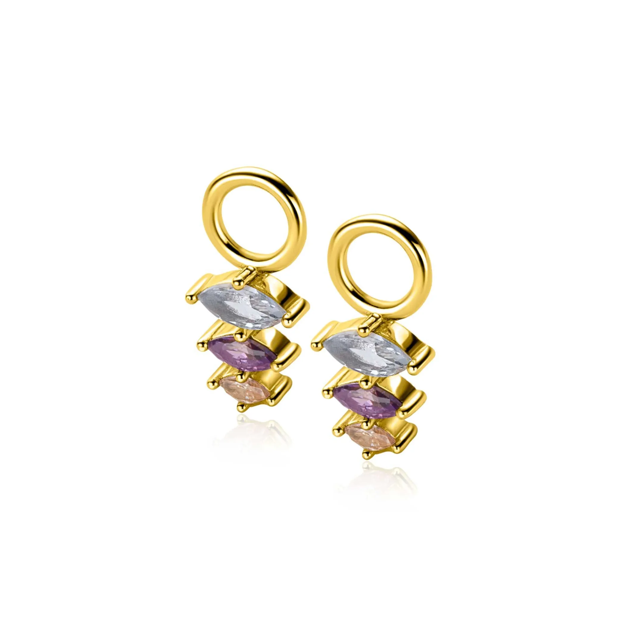 Best Zinzi 13mm gold plated zilveren oorbedels met drie peervormige zettingen in aflopende grootte, bezet met lichtblauwe, paarse en champagne kleurstenen ZICH2631BC (zonder oorringen)