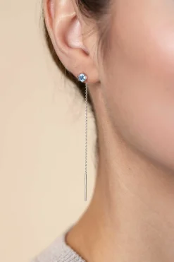 Zinzi 80mm zilveren doortrek oorbellen met chatonzetting 5mm witte zirconia en sierlijk kettinkje ZIO2576