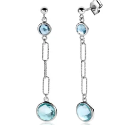 Hot Zinzi 60mm zilveren lange oorstekers 60mm met paperclip-schakels en bezet met licht blauwe en indigo blauwe kleurstenen ZIO2418