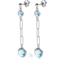 Hot Zinzi 60mm zilveren lange oorstekers 60mm met paperclip-schakels en bezet met licht blauwe en indigo blauwe kleurstenen ZIO2418