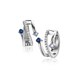 Discount Zinzi 16mm zilveren multi-look oorringen met 3 rijen, bezet met blauwe kleurstenen en witte zirconia's 10mm breed met luxe klapsluiting ZIO2646B