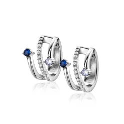 Discount Zinzi 16mm zilveren multi-look oorringen met 3 rijen, bezet met blauwe kleurstenen en witte zirconia's 10mm breed met luxe klapsluiting ZIO2646B
