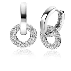 New Zinzi 12mm zilveren oorbedels open ronde vormen, bezet met witte zirconia's ZICH2446 (zonder oorringen)