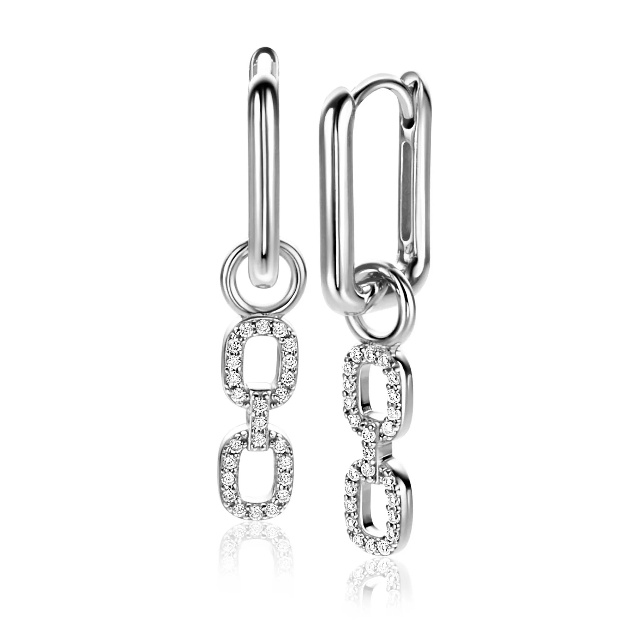 New Zinzi 19mm zilveren oorbedels met trendy ovale schakels, schitterend bezet met witte zirconia's ZICH2552 (zonder oorringen)
