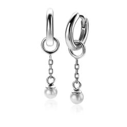 Outlet Zinzi 18mm zilveren oorbedels met schakelkettinkje en ronde witte glasparel 4mm ZICH2623 (zonder oorringen)
