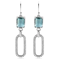 New Zinzi 58mm zilveren oorhangers met schitterende ovale schakel, bezet met witte zirconia's en groenachtig blauwe (petrol) kleursteen in vierpootszetting ZIO2487L