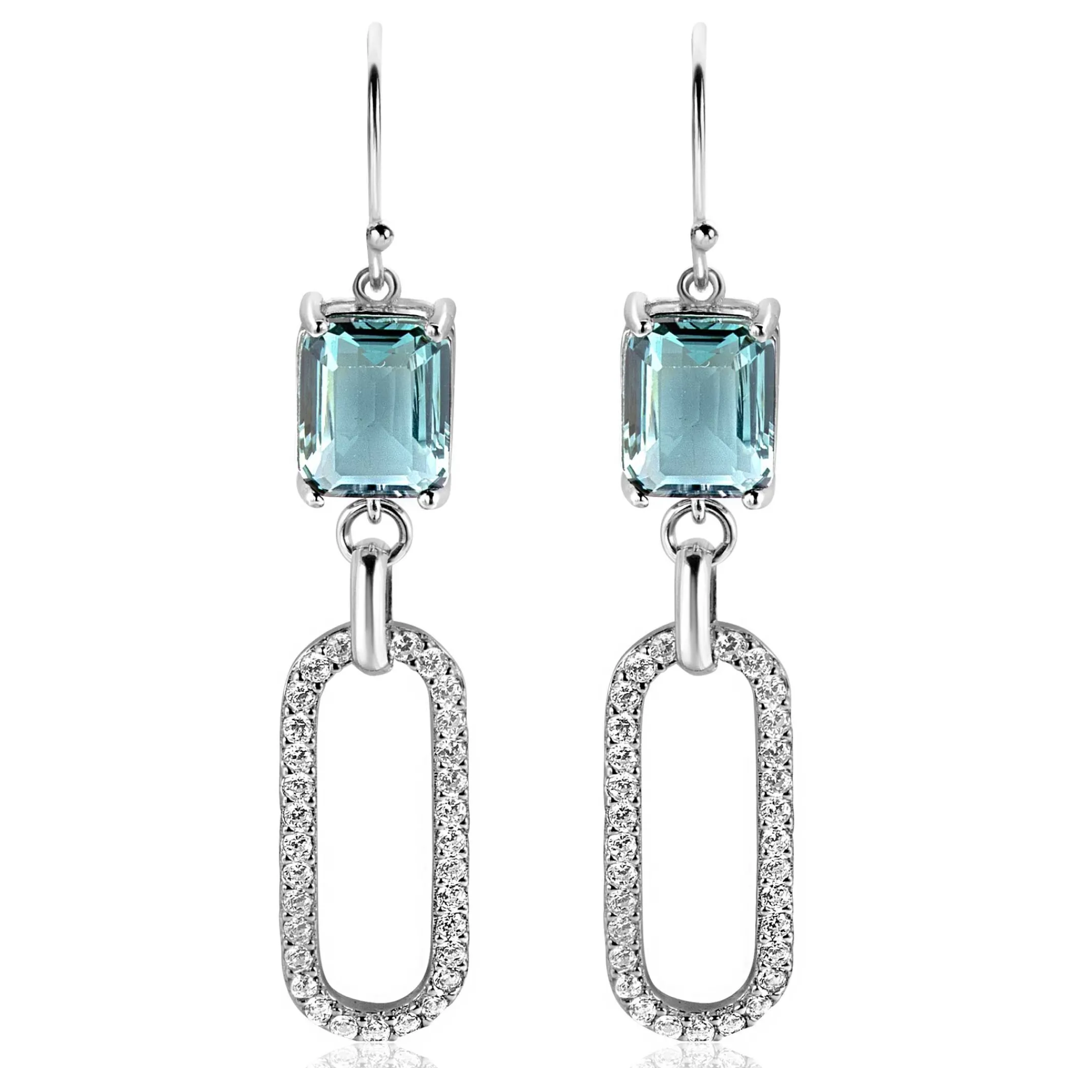 New Zinzi 58mm zilveren oorhangers met schitterende ovale schakel, bezet met witte zirconia's en groenachtig blauwe (petrol) kleursteen in vierpootszetting ZIO2487L