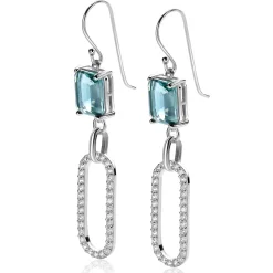 New Zinzi 58mm zilveren oorhangers met schitterende ovale schakel, bezet met witte zirconia's en groenachtig blauwe (petrol) kleursteen in vierpootszetting ZIO2487L