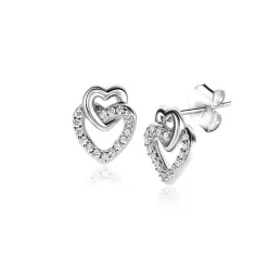 Discount Zinzi 10mm zilveren oorknoppen 2 open hartjes met elkaar verbonden, waarvan 1 hartje bezet met witte zirconia's ZIO2493