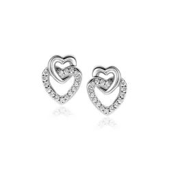 Discount Zinzi 10mm zilveren oorknoppen 2 open hartjes met elkaar verbonden, waarvan 1 hartje bezet met witte zirconia's ZIO2493