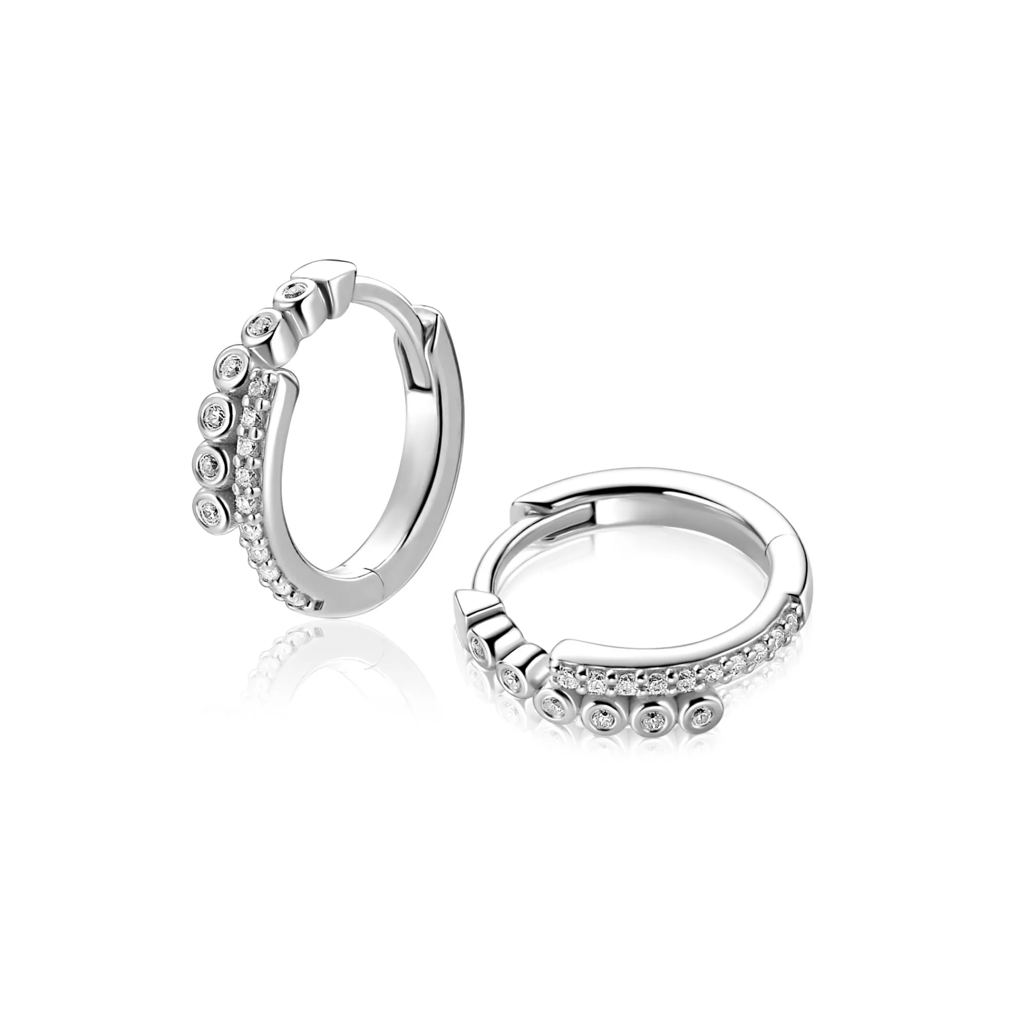 Hot Zinzi 14mm zilveren oorringen slagmodel bezet met witte zirkonia’s, luxe scharniersluiting ZIO2729