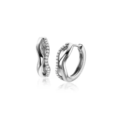 Outlet Zinzi 15mm zilveren oorringen organisch gevormd met twee golvende banen, waarvan één bezet met witte zirconia's, met luxe klapsluiting ZIO2629