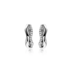 Outlet Zinzi 15mm zilveren oorringen organisch gevormd met twee golvende banen, waarvan één bezet met witte zirconia's, met luxe klapsluiting ZIO2629