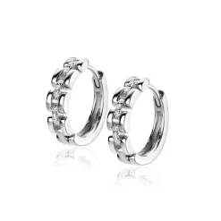 Zinzi 16mm zilveren oorringen met rolex-style schakels en middenbaan bezet met witte zirconia's, met luxe klapsluiting 16x4mm ZIO2504