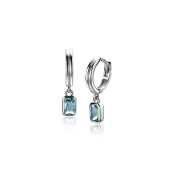 Outlet Zinzi 11mm zilveren oorringen met bungelend rechthoekige hangers bezet met petrol blauwe kleurstenen ZIO2614