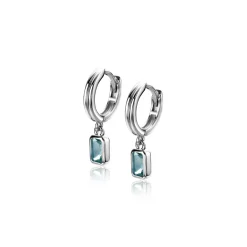 Outlet Zinzi 11mm zilveren oorringen met bungelend rechthoekige hangers bezet met petrol blauwe kleurstenen ZIO2614