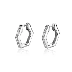 New Zinzi 15mm zilveren oorringen in leuke hexagon vorm bezet met witte zirconia's, met luxe klapsluiting 15x2mm ZIO2433