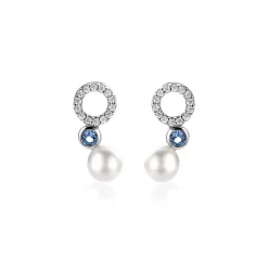 Clearance Zinzi 15mm zilveren oorstekers met witte parel, ronde lichtblauwe kleursteen en open rondje bezet met witte zirconia's ZIO2442