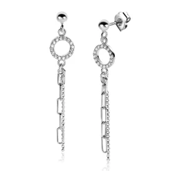 Hot Zinzi 46mm zilveren oorstekers met bungelende paperclip en gourmet schakels, bevestigd aan een open rondje bezet met witte zirconia's ZIO2464