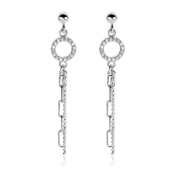 Hot Zinzi 46mm zilveren oorstekers met bungelende paperclip en gourmet schakels, bevestigd aan een open rondje bezet met witte zirconia's ZIO2464