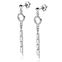 Hot Zinzi 46mm zilveren oorstekers met bungelende paperclip en gourmet schakels, bevestigd aan een open rondje bezet met witte zirconia's ZIO2464