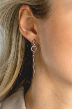 Hot Zinzi 46mm zilveren oorstekers met bungelende paperclip en gourmet schakels, bevestigd aan een open rondje bezet met witte zirconia's ZIO2464