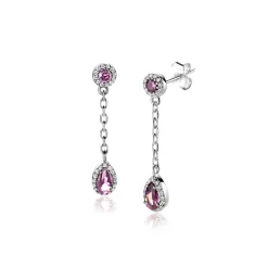Clearance Zinzi 25mm zilveren oorstekers met schakelkettinkje en druppelvormige paarse kleursteen en witte zirconia's ZIO2561