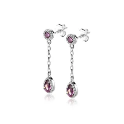 Clearance Zinzi 25mm zilveren oorstekers met schakelkettinkje en druppelvormige paarse kleursteen en witte zirconia's ZIO2561