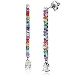Hot Zinzi 42mm zilveren oorstekers in staafvorm bezet met regenboog kleurstenen en witte peervormige zirconia ZIO2486
