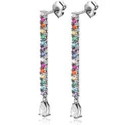 Hot Zinzi 42mm zilveren oorstekers in staafvorm bezet met regenboog kleurstenen en witte peervormige zirconia ZIO2486