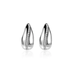 New Zinzi 17mm zilveren oorstekers in druppelvorm met golvende rij witte zirkonia's ZIO2707