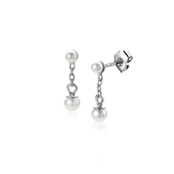 Outlet Zinzi 15mm zilveren parel oorstekers met schakelkettinkje en ronde witte glasparel van 4mm ZIO2623