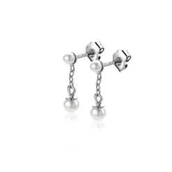 Outlet Zinzi 15mm zilveren parel oorstekers met schakelkettinkje en ronde witte glasparel van 4mm ZIO2623