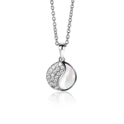 Hot Zinzi 18mm zilveren Yin Yang hanger rond, bezet met parelmoer en witte zirconia's. Yin Yang staat symbool voor: balans, harmonie, dynamiek en verbondenheid ZIH2423 (zonder collier)