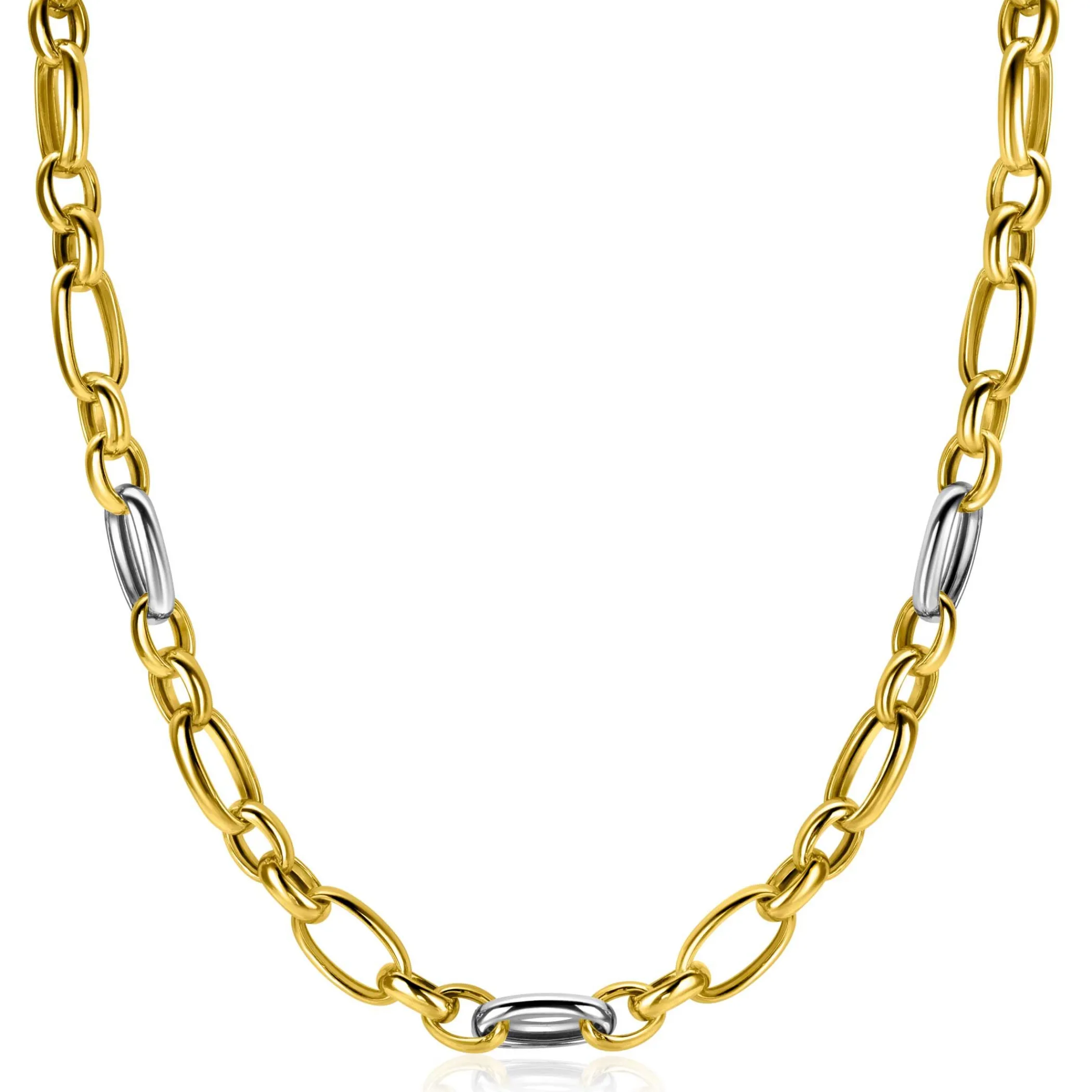 Outlet Zinzi bicolor schakelketting (7mm breed) met afwisselend gold plated jasseron schakels en grote zilveren ovale schakels 45cm ZIC2639