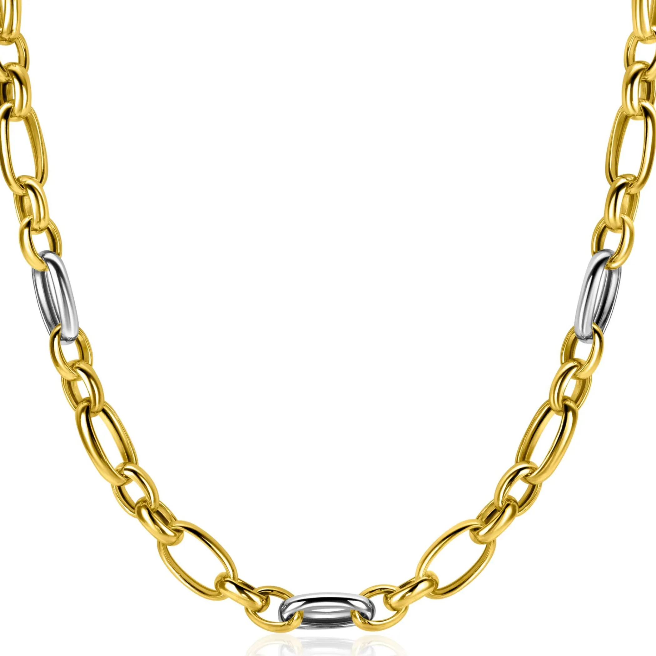Outlet Zinzi bicolor schakelketting (7mm breed) met afwisselend gold plated jasseron schakels en grote zilveren ovale schakels 45cm ZIC2639