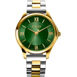 New Zinzi Classy Mini horloge 30mm groene wijzerplaat goudkleurige stalen kast en bicolor band ziw1235