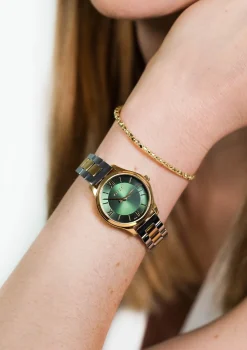New Zinzi Classy Mini horloge 30mm groene wijzerplaat goudkleurige stalen kast en bicolor band ziw1235