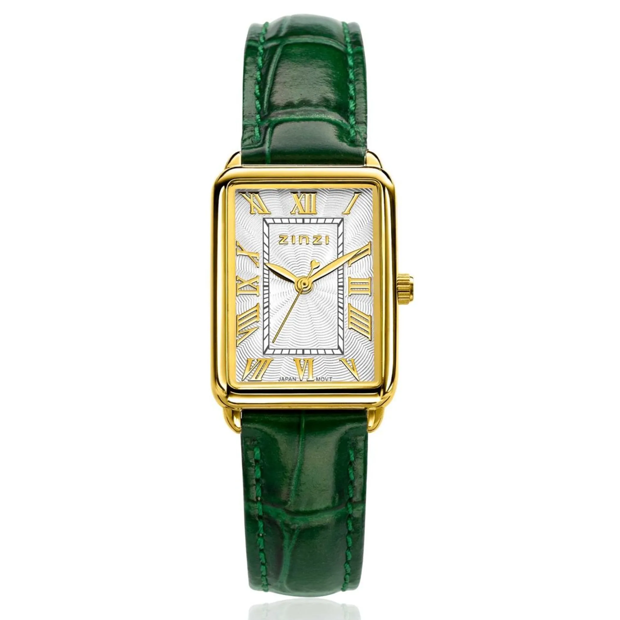 New Zinzi Elegance bicolor horloge witte wijzerplaat en rechthoekige goudkleurige kast en groene leren band 28mm extra dun ZIW1907G