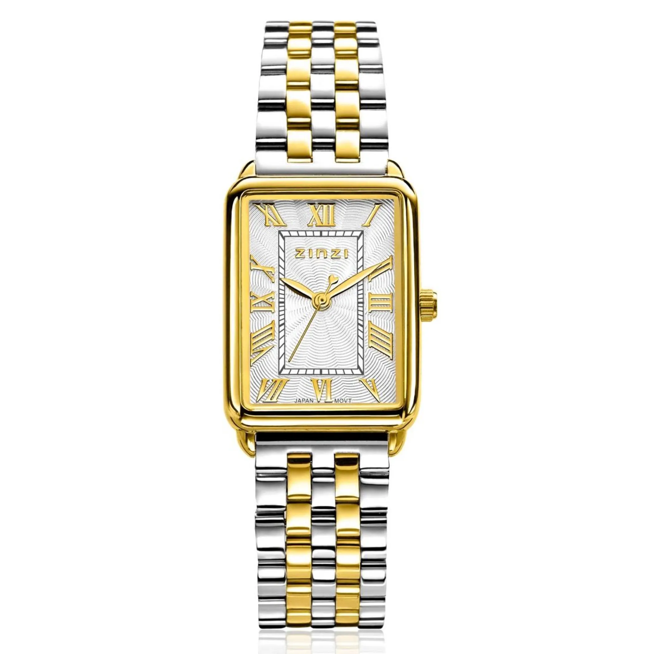 Discount Zinzi Elegance bicolor horloge witte wijzerplaat en rechthoekige goudkleurige kast en bicolor stalen schakelband 28mm extra dun ZIW1907