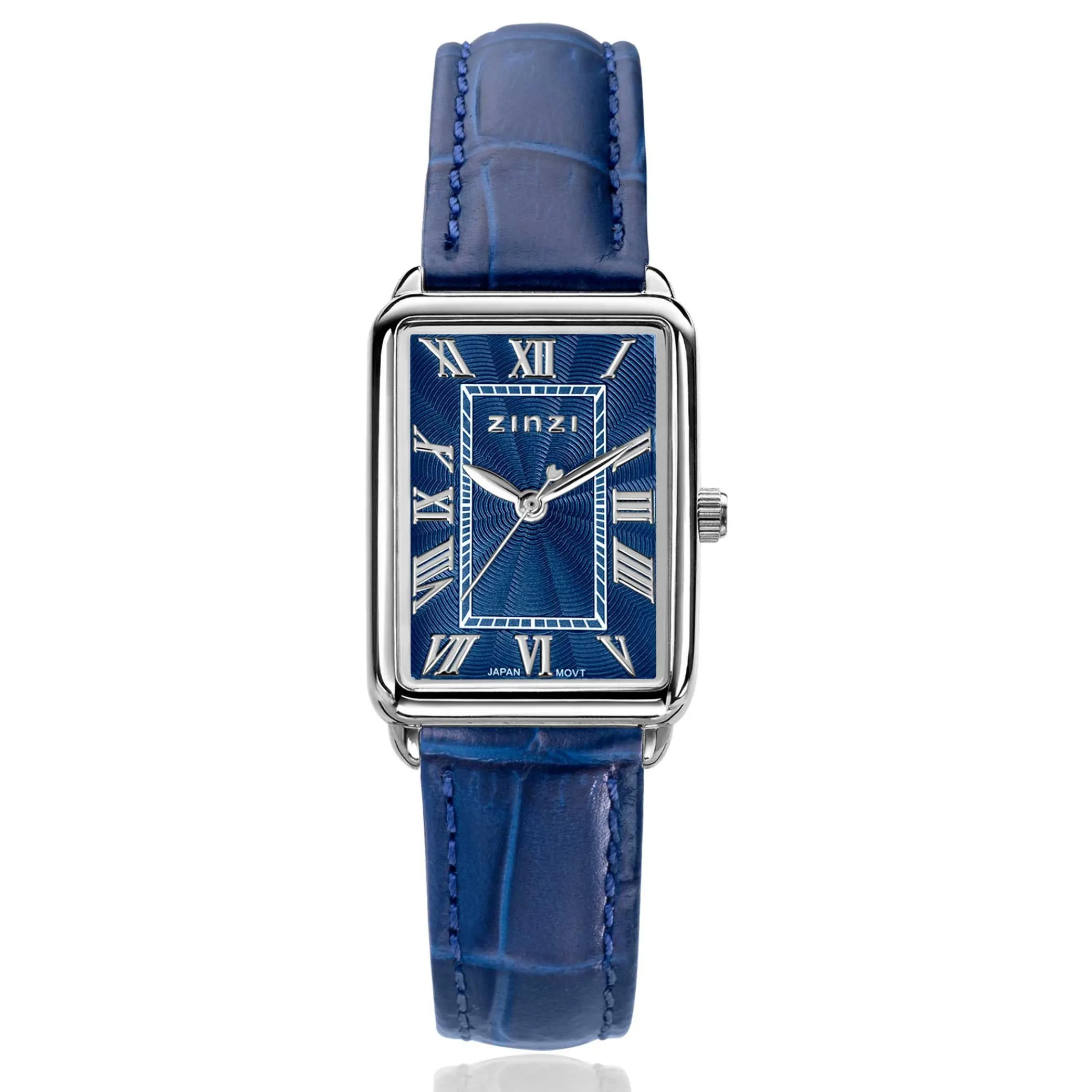 Zinzi Elegance horloge blauwe wijzerplaat en rechthoekige stalen kast met blauwe leren band 28mm extra dun ZIW1955B