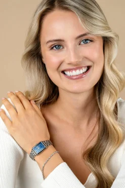 Hot Zinzi Elegance horloge blauwe wijzerplaat en rechthoekige kast stalen schakelband 28mm extra dun ZIW1955
