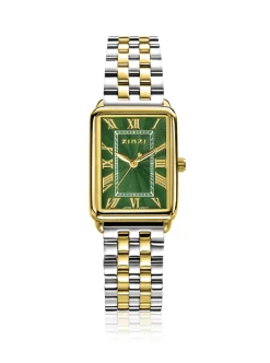 Sale Zinzi Elegance horloge groene wijzerplaat en rechthoekige kast stalen bicolor schakelband 28mm extra dun ZIW1935