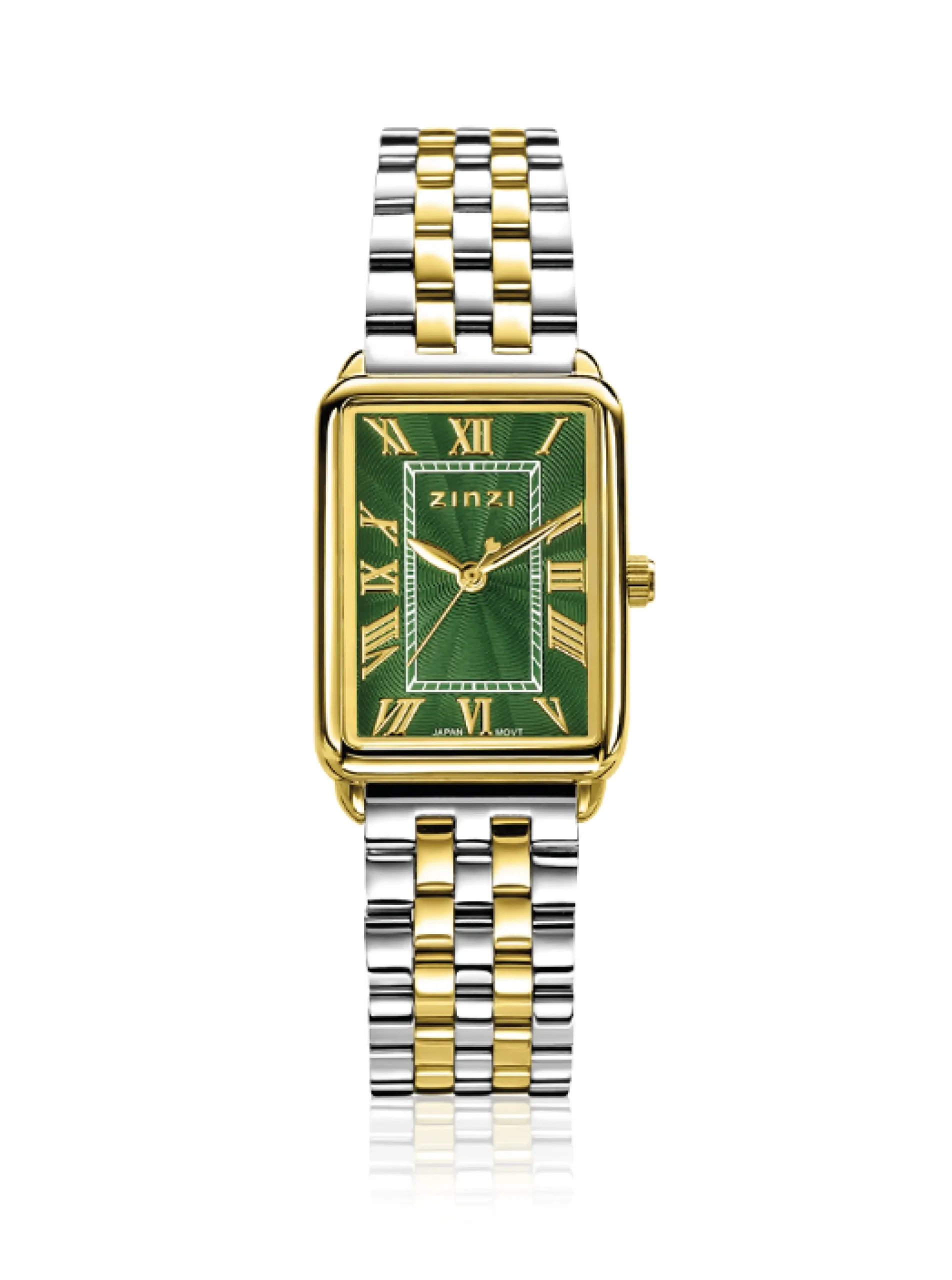 Sale Zinzi Elegance horloge groene wijzerplaat en rechthoekige kast stalen bicolor schakelband 28mm extra dun ZIW1935