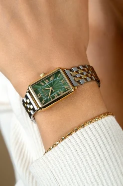 Sale Zinzi Elegance horloge groene wijzerplaat en rechthoekige kast stalen bicolor schakelband 28mm extra dun ZIW1935