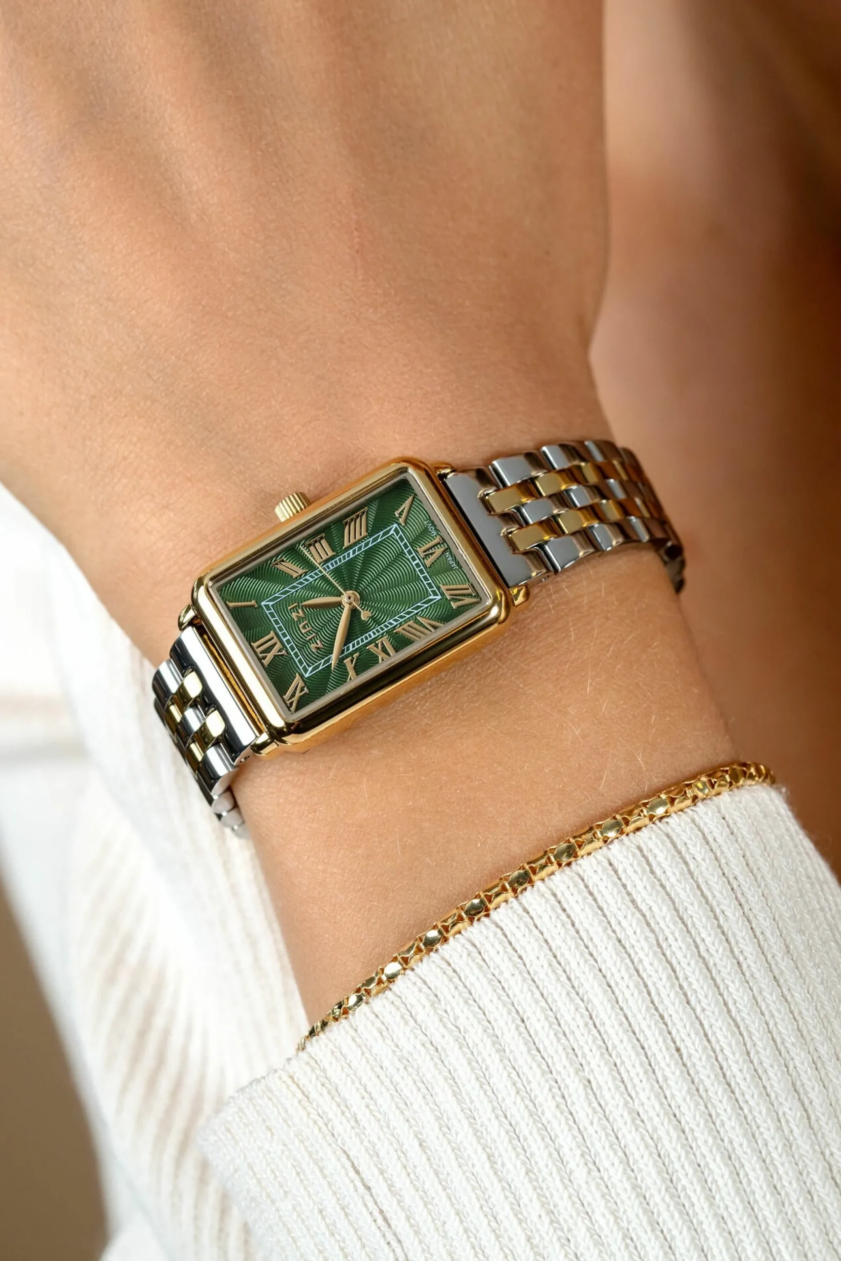 Sale Zinzi Elegance horloge groene wijzerplaat en rechthoekige kast stalen bicolor schakelband 28mm extra dun ZIW1935