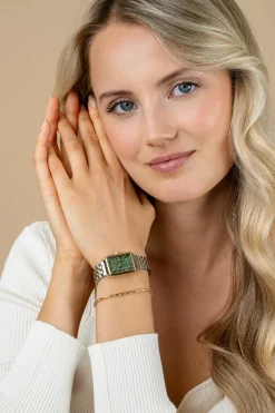 Sale Zinzi Elegance horloge groene wijzerplaat en rechthoekige kast stalen bicolor schakelband 28mm extra dun ZIW1935