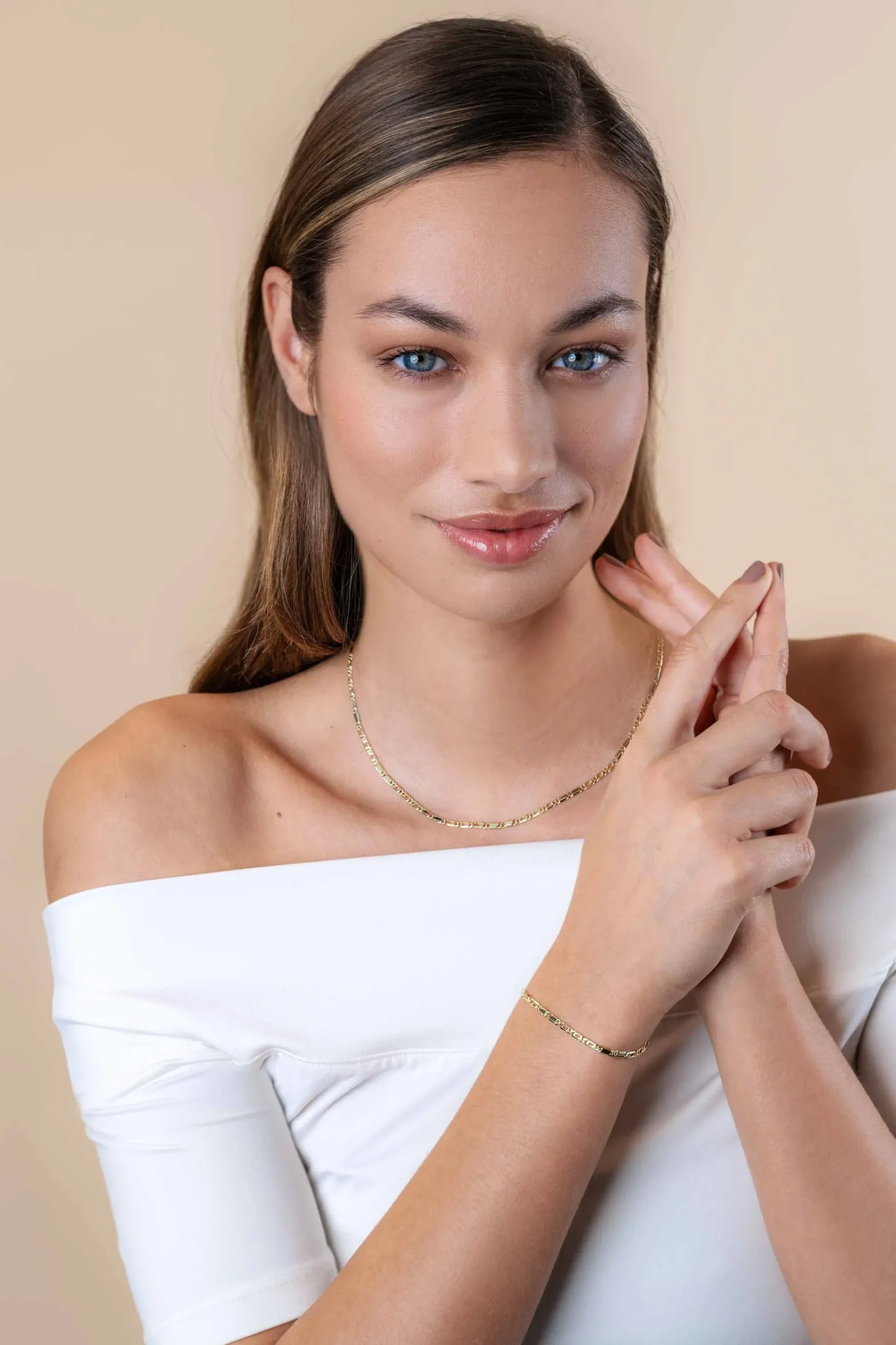 New Zinzi Gold 14 karaat gouden massieve armband met valkenoog schakels en glimmende plaatjes 2,6mm breed 17-19cm ZGA499