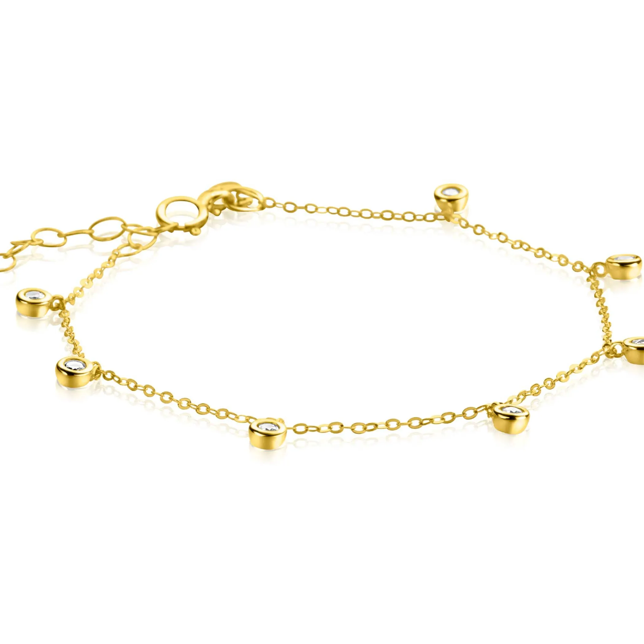 Discount Zinzi Gold 14 krt gouden armband met zeven ronde hangertjes, bezet met witte zirconia's 15,5-18,5cm ZGA451