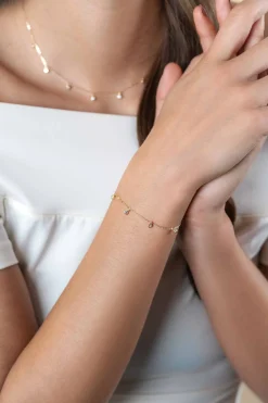 Discount Zinzi Gold 14 krt gouden armband met zeven ronde hangertjes, bezet met witte zirconia's 15,5-18,5cm ZGA451